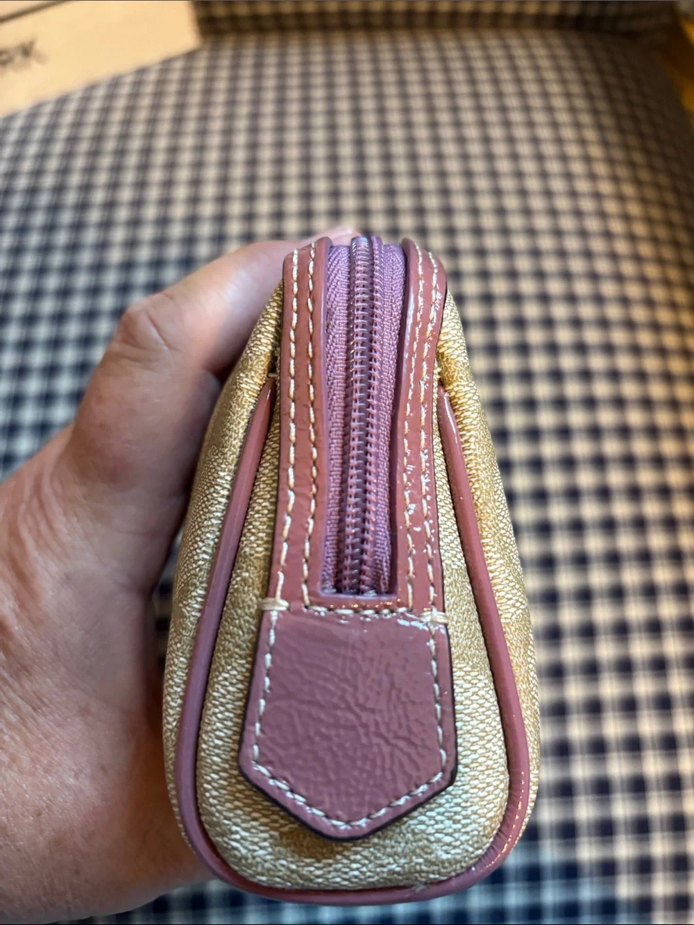 Coach Khaki Signature Canvas Cosmetic Case with mauve  Trim
